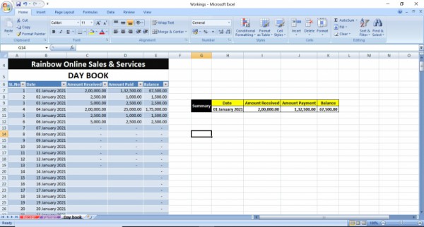 Offered simple  Daybook MS Excel spread sheet