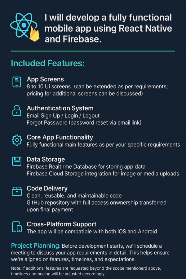 I can create user friendly mobile app for you using React Native & Firebase