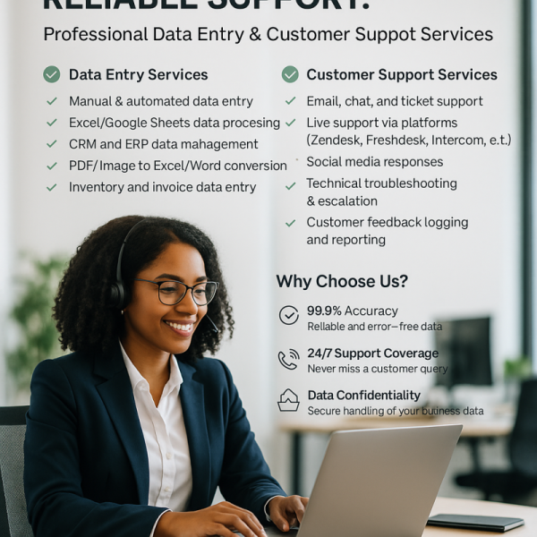 Accurate and fast data entry, spreadsheet management, and admin support services.
