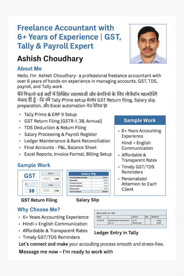 Complete Tally Accounting Solutions
– Company setup, ledger creation, voucher entries